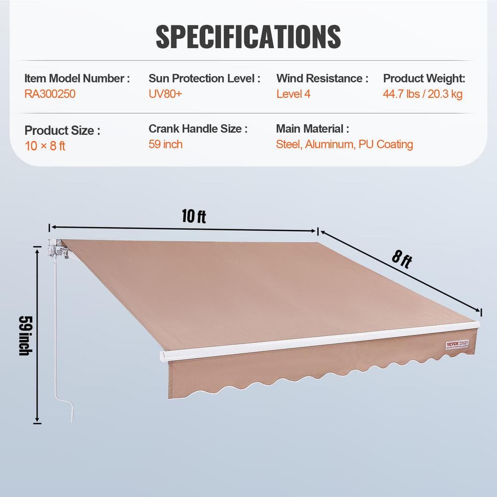 10 x 8 ft Beige Polyester Manual Retractable Patio Awning