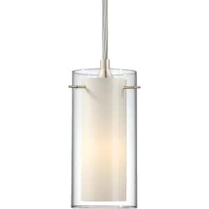 Esprit 1-Light Brushed Nickel Mini Hanging Pendant Clear Glass (Outer) and White Cased Glass (Inner) Cylinder Shades
