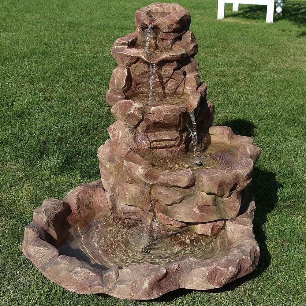 Light Brown Fiberglass Stone Springs Outdoor Water Fountain with LED Lights