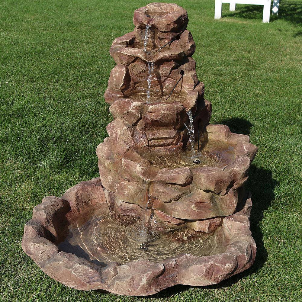Light Brown Fiberglass Stone Springs Outdoor Water Fountain with LED Lights