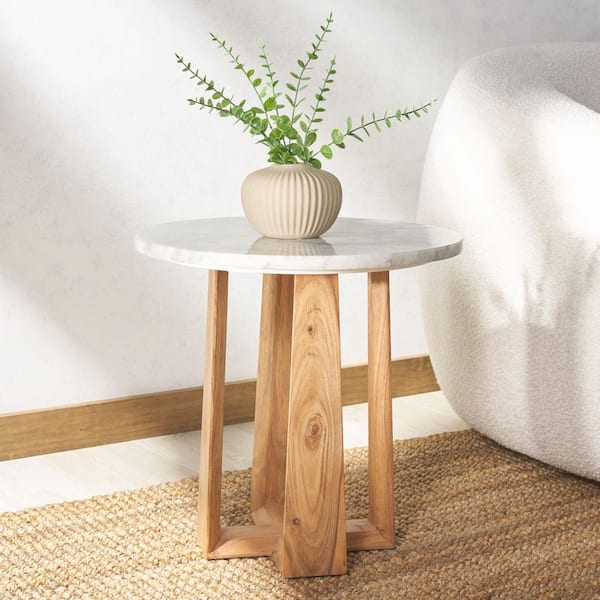 Trenton 20 in. White/Natural Round Marble End Table