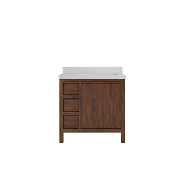 Willow Collections Elizabeth Teak 36 in. W x 22 in. D x 36 in. H Right Offset Sink Bath Vanity in Dark Walnut with 2" Carrara Quartz Top