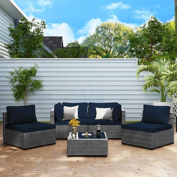 UPHA 5-Piece Wicker Patio Conversation Set with Navy Blue Cushions and Coffee Table