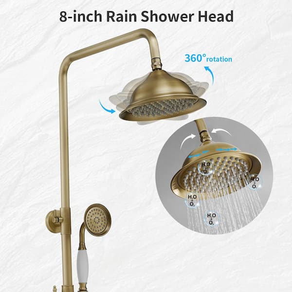 3-Spray Wall Bar Shower Kit with Rainfall Head, Tub Spout and Adjustable Height in Antique Brass (Valve Included)