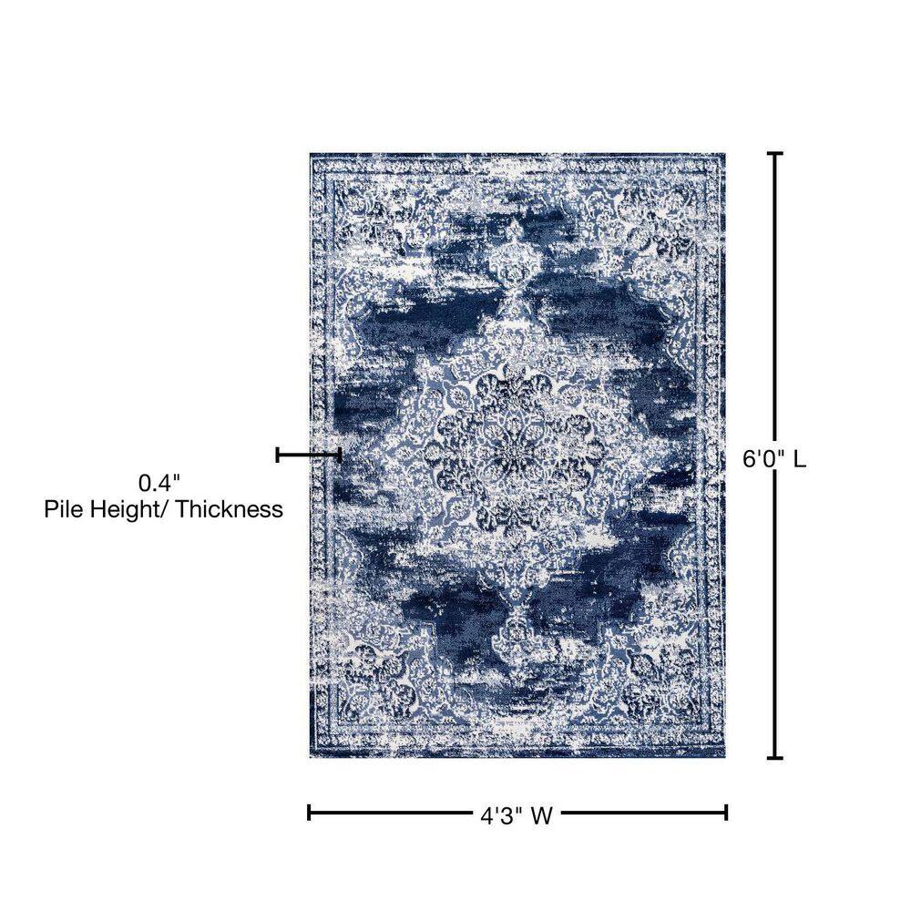 Navy and Ivory Synthetic Medallion 4' x 6' Area Rug