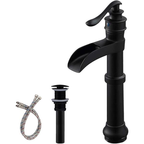 Unbranded Single Handle Single Hole Waterfall Bathroom Vessel Sink Faucet with Pop-Up Drain Assembly Included in Matte Black