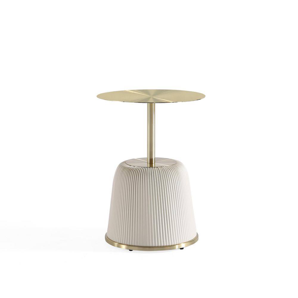 Cream and Gold Round Metal Accent Table with Ridged Base