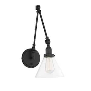 Drake 7.5 in. W x 17 in. H 1-Light Matte Black Wall Sconce with Clear Glass Shade and Included Cord/Plug