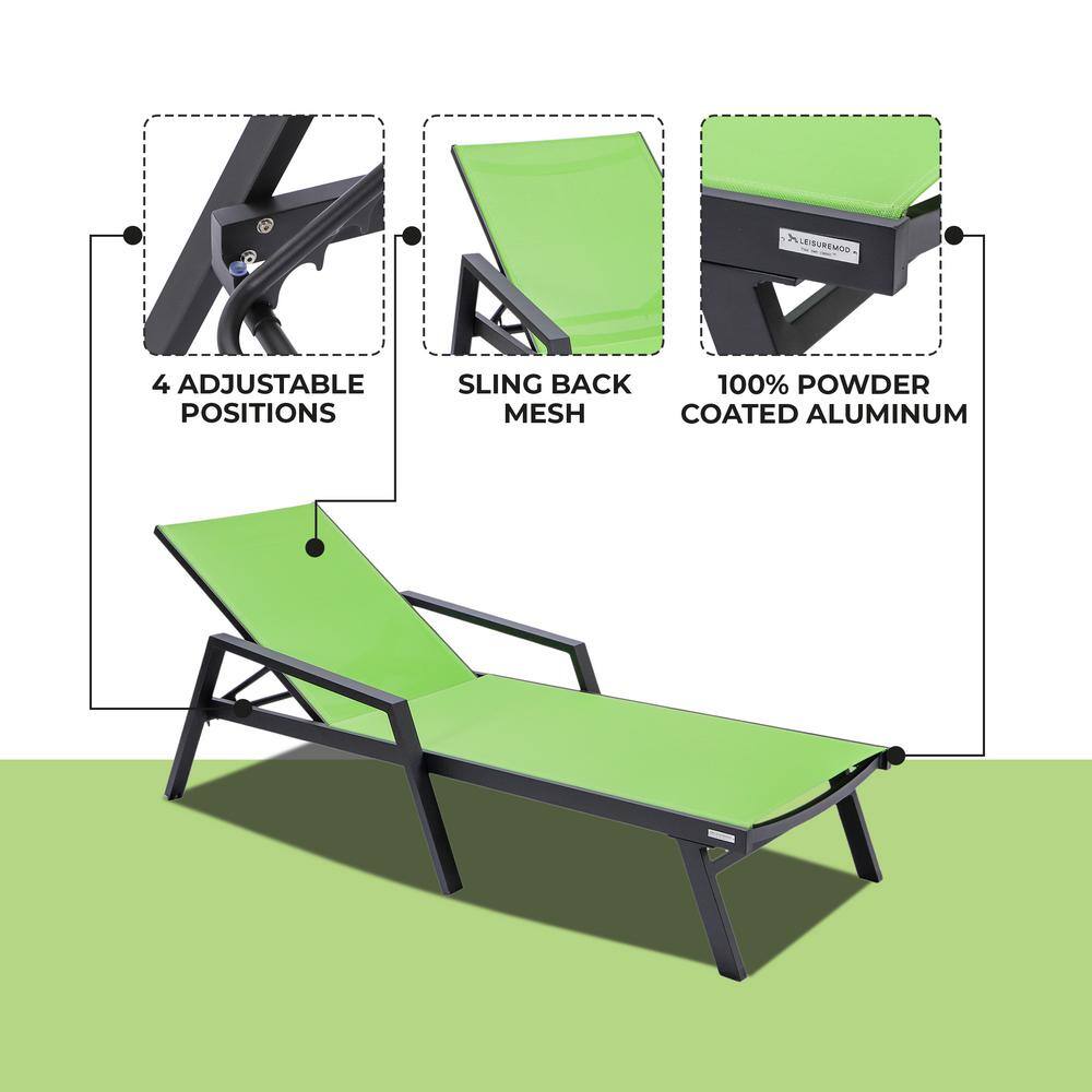 Green Aluminum Patio Chaise Lounge Chair with Armrests
