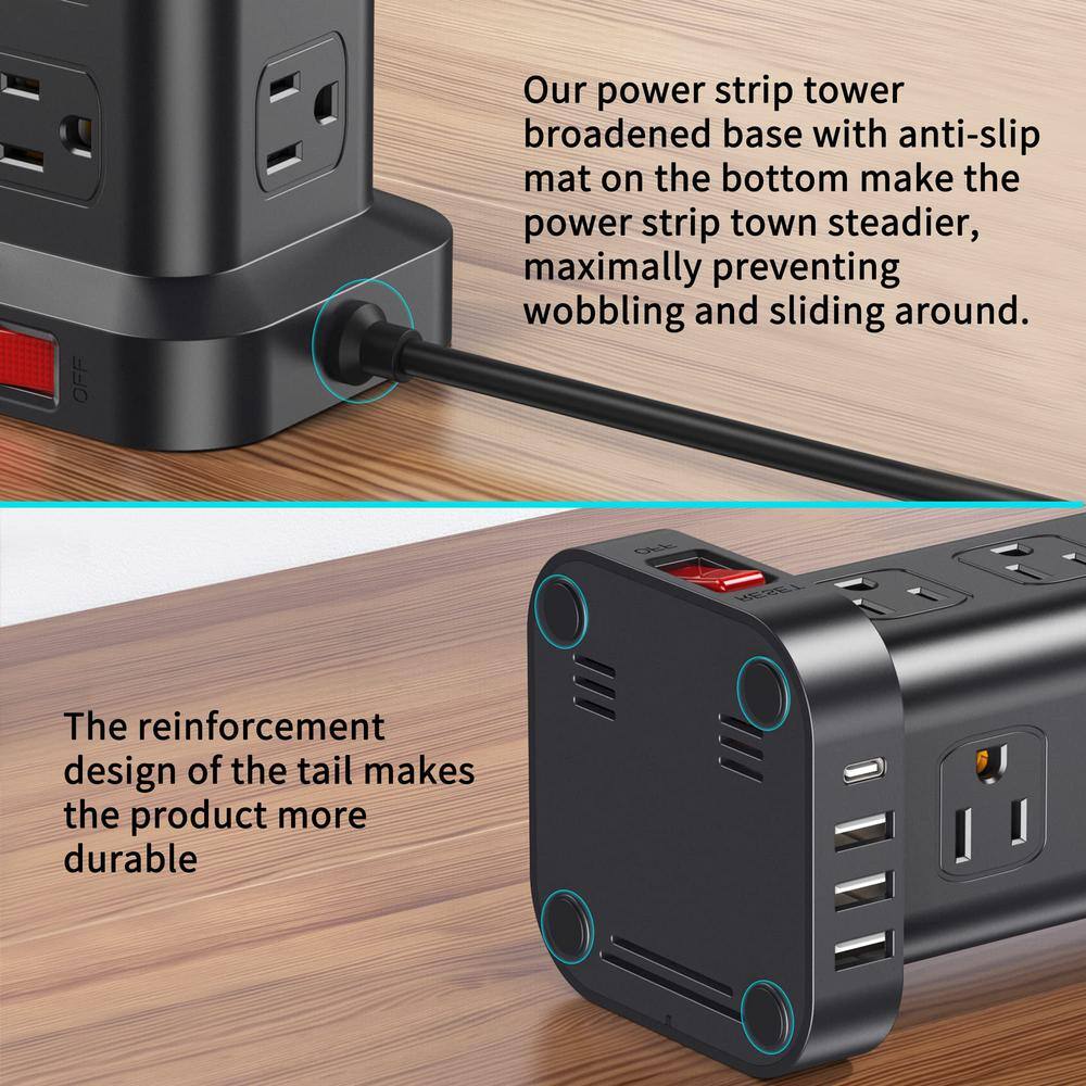 Black Tower Power Strip with 6.5 ft Cord and USB Ports
