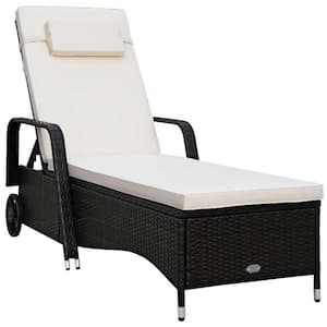 Brown Wicker Outdoor Patio Chaise Lounge with Adjustable Backrest and White Cushion