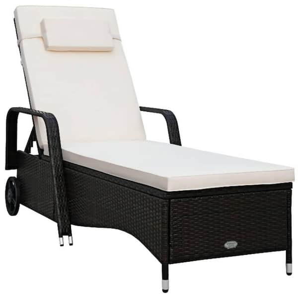 Alpulon Brown Wicker Outdoor Patio Chaise Lounge with Adjustable Backrest and White Cushion