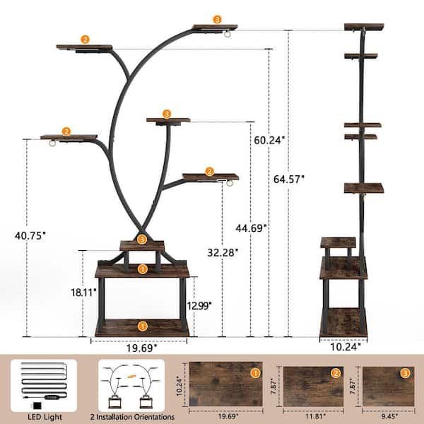 Tree-Inspired Indoor Plant Shelf with LED Grow Lights, 64.57 in. Corner Shelving for Vertical Storage, Brown-3