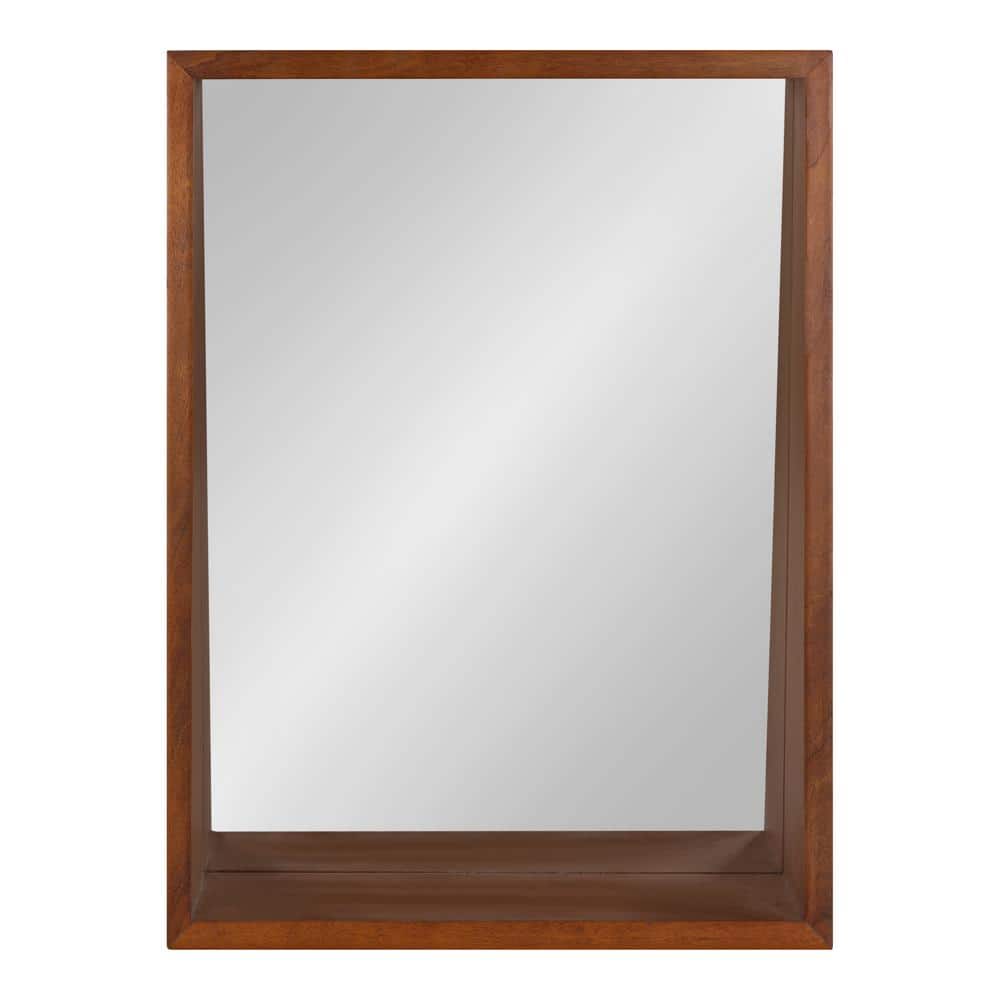 Hutton Mid-Century Modern Walnut Brown Wood Framed Mirror with Shelf