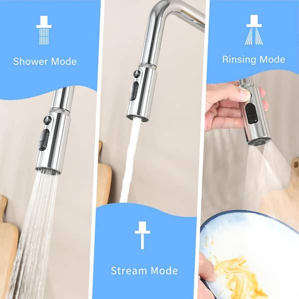 Chrome Pull-Down Kitchen Faucet with 3 Function Sprayer, 360° Swivel High Arc Single Handle Sink Faucet, Easy Install