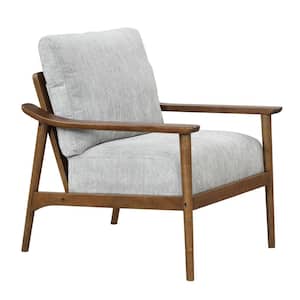 24.80 in. W Brown Rubber Wood Armchair Accent Chair with Gray Linen Upholstery and Vertical Slatted Back