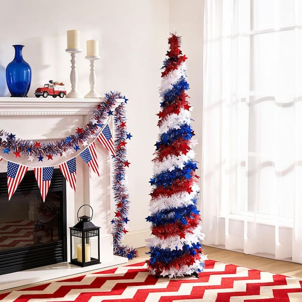 5 ft. Pop Up Artificial Christmas Cedar Tree with Star Sequins for 4th of July Indoor Outdoor Patriotic Decor
