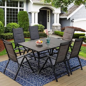 7-Piece Metal Slat Table Patio Outdoor Dining Set with Folding Reclining Padded Sling Chairs