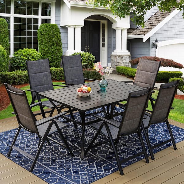 PHI VILLA 7-Piece Metal Slat Table Patio Outdoor Dining Set with Folding Reclining Padded Sling Chairs