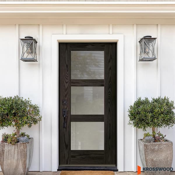 DIY RTA Kit Modern 36" x 80 in. 3-Lite RH Inswing Frosted Glass Baby Grand Stain Fiberglass Ready to Assemble Front Door