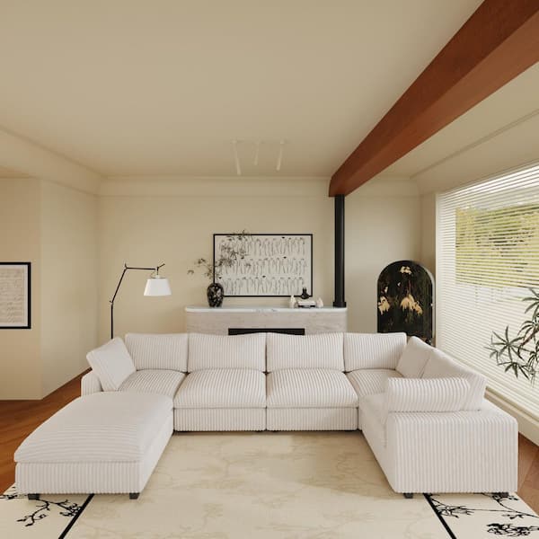 J&E Home 157 in. Square Arm 6-Piece Oversized Rabbit Hair Plush Fabric Free Combination Modular Sectional Sofa in Beige