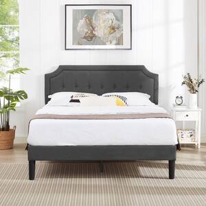 Classic Bed Frame, Gray Metal Frame，Full Size Upholstered Platform Bed with Sturdy Wood Slat Support & Headboard