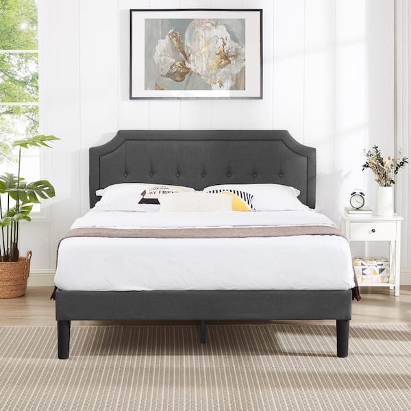 VECELO Classic Bed Frame, Gray Metal Frame，Full Size Upholstered Platform Bed with Sturdy Wood Slat Support & Headboard