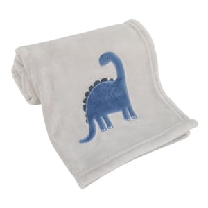 Dino Adventure Super Soft Gray and Blue Polyester Coral Fleece Baby Blanket