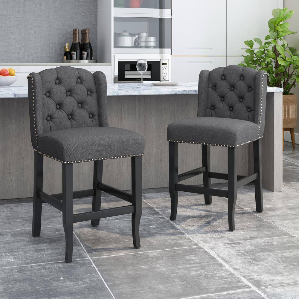 Elegant Charcoal Polyester Wingback Counter Stool Set, Dark Brown Wood