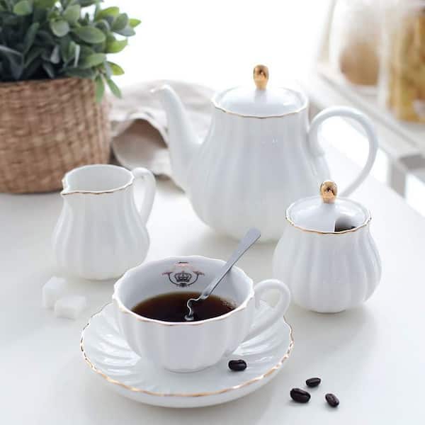White Royal Teapot with Infuser Ceramic British Style Teapot with Removable Stainless Steel Filter