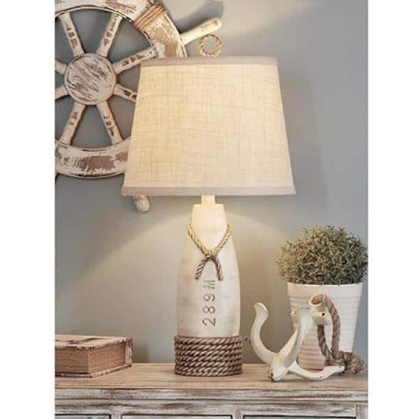 Distressed White Nautical Buoy Table Lamp with Cream Canvas Shade