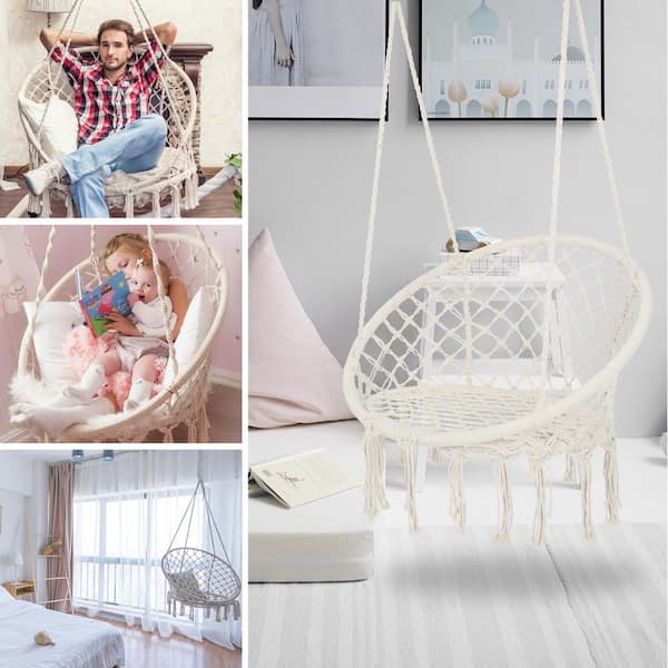 3.93 ft. Outdoor Indoor Hanging Cotton Rope White Swing Chair