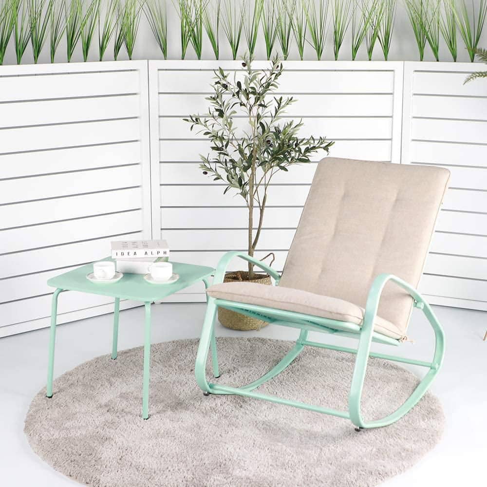 Green Metal Patio Outdoor Rocking Chair with Removable Paded Gray Cushion