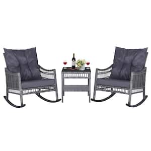 3-Piece Outdoor Rocking Chairs Wicker with Gray Cushions, Pillows and Table
