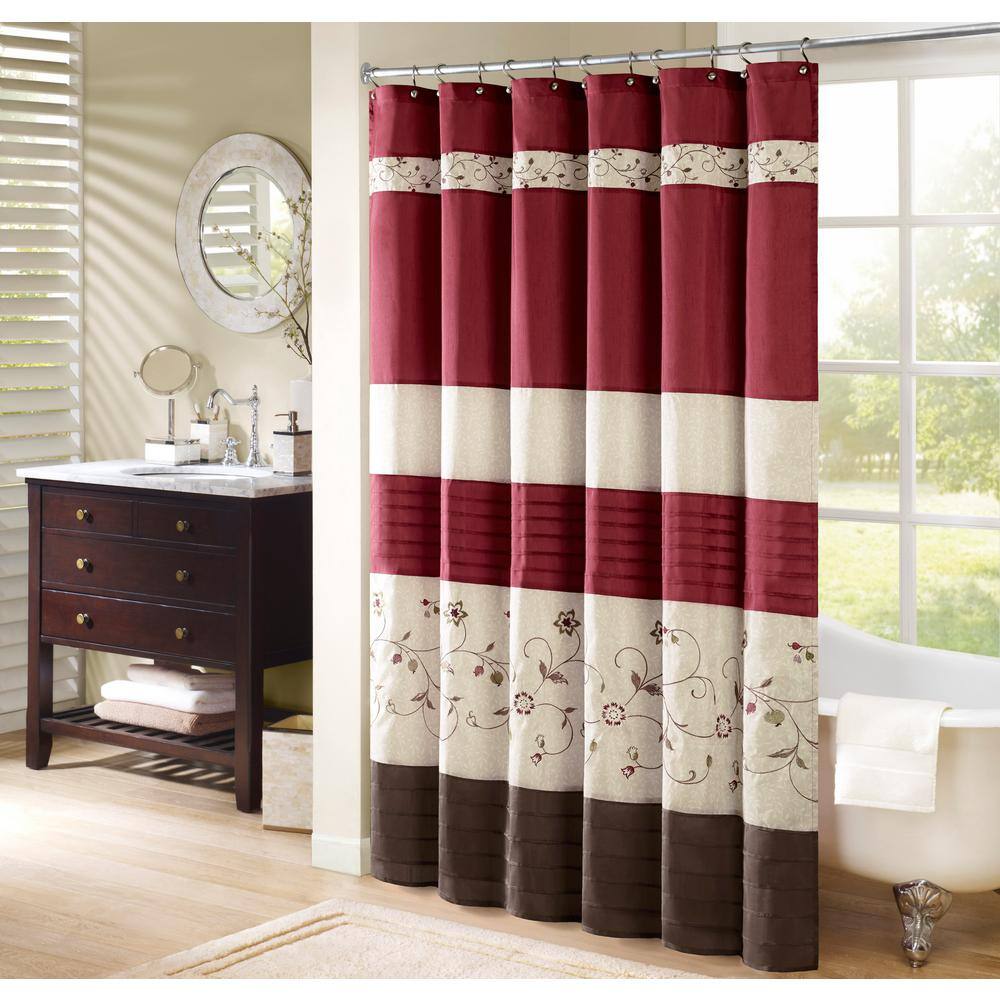 Red and Beige Faux Silk Embroidered Floral Shower Curtain