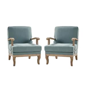 Quentin 28 in. Farmhouse Blue Upholstered Polyester Arm Chair with Wooden Legs (Set of 2)