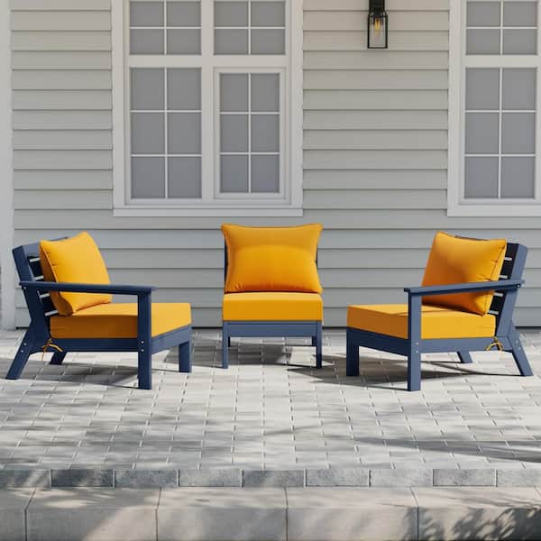 Birchwood Navy Blue Arrangeable 3-PC HDPE Deep Seating Outdoor Patio Conversation Sofa Armchair Set w/Yellow Cushions
