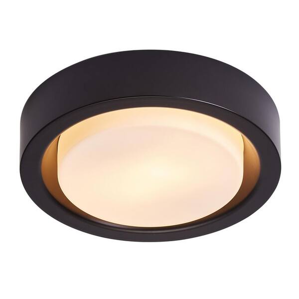 aiwen 13 in. 2-Light Black Flush Mount Ceiling Light with Drum White Glass Shade