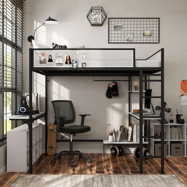 Nogren White/Black Full Metal Loft Bed With Two Desks and Patented Noise Reduction Slat Design