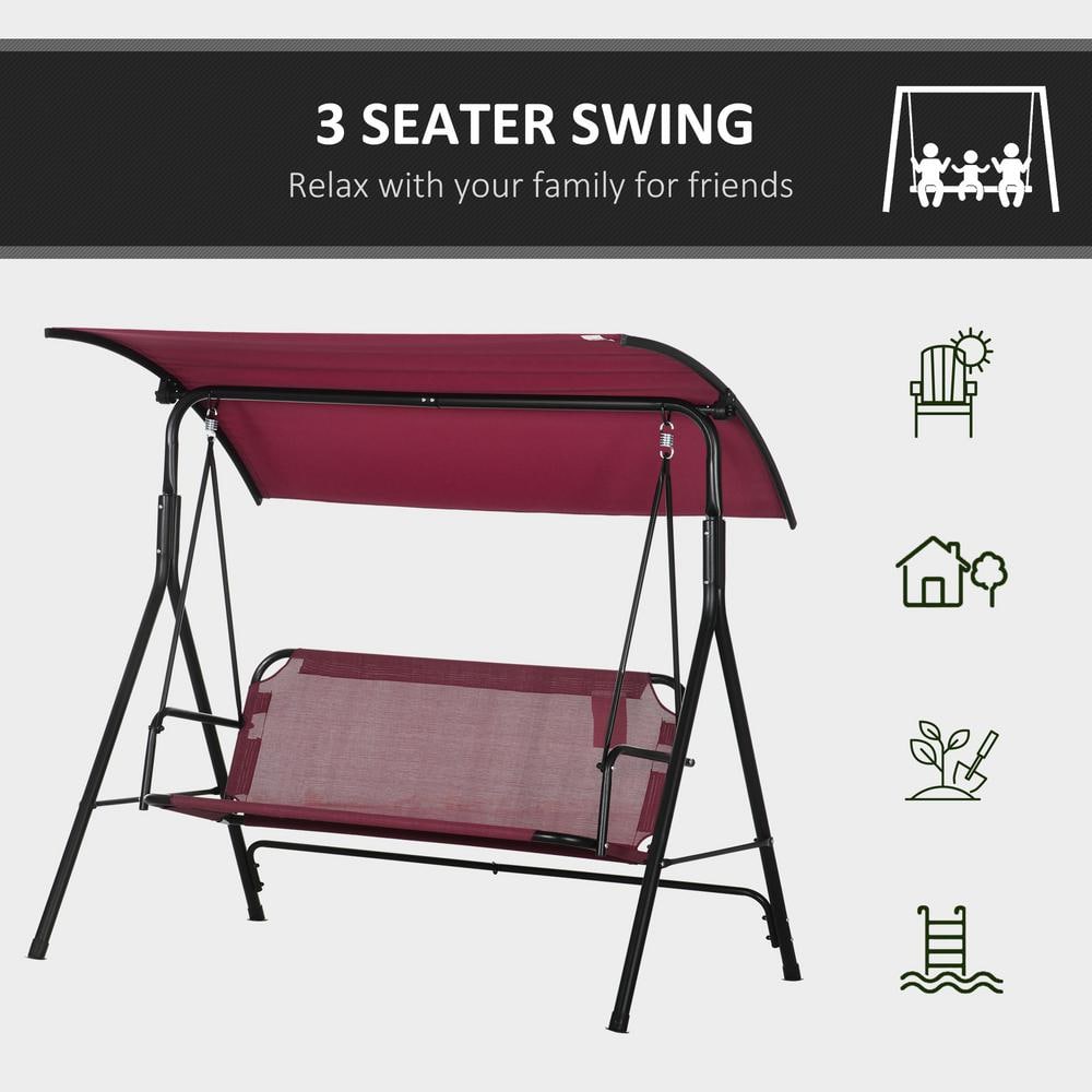 Wine Red Steel Frame 3-Person Patio Swing with Adjustable Canopy