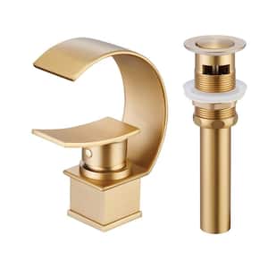 Luxury C Waterfall Single Lever Handle Arc Spout Single-Hole Bathroom Sink Faucet with Pop-up Drain in Brushed Gold