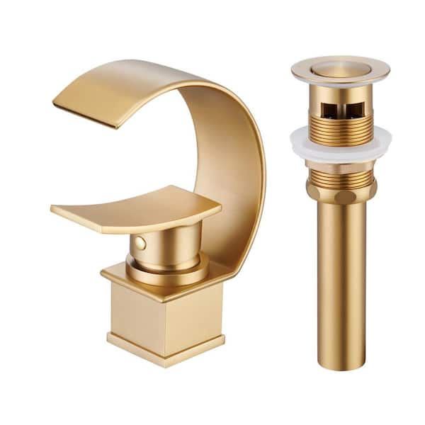 Mondawe Luxury C Waterfall Single Lever Handle Arc Spout Single-Hole Bathroom Sink Faucet with Pop-up Drain in Brushed Gold