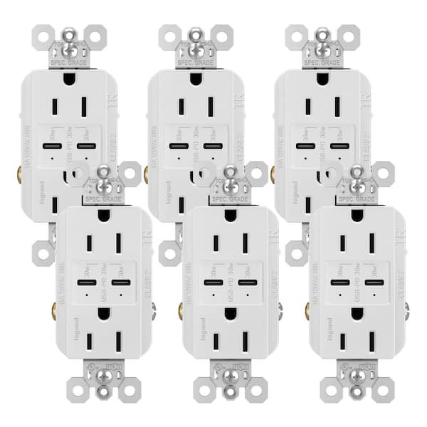 radiant 15 Amp 125-Volt Tamper-Resistant Duplex Outlet with Ultra-Fast 6A PLUS 30W Power Delivery USB C/C White (6 Pack)