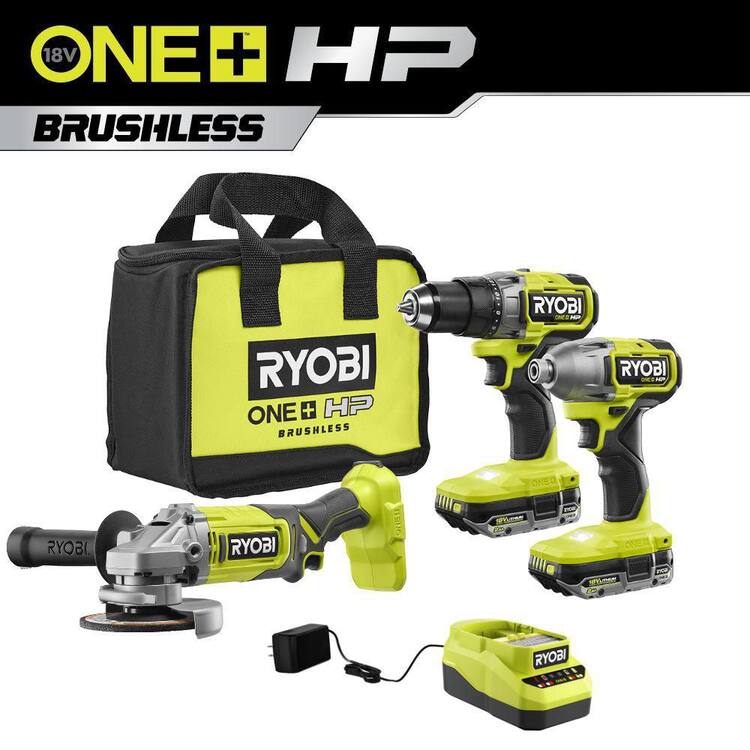 RYOBI ONE+ HP 18V Brushless Cordless 2-Tool Combo Kit w/(2) 2.0 Ah Batteries, Charger, Bag, and 4-1/2 in. Angle Grinder