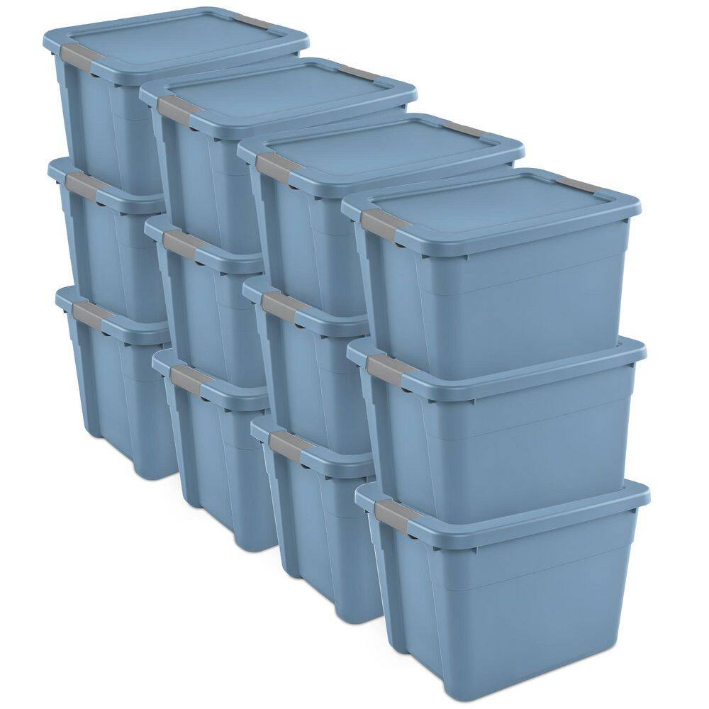 12 Gallon Latching Tote, Stackable Storage Bin with Lid, Blue, 12 Pack