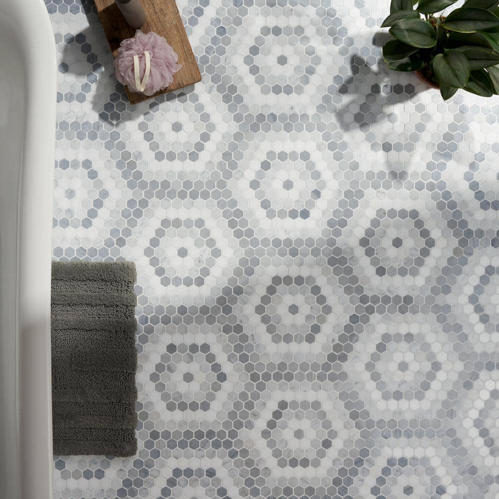 Gray and White Polished Marble Hexagon Mosaic Tile Sheet