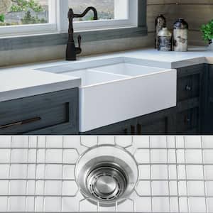Luxury 33 in. Farmhouse/Apron-Front Double Bowl White Solid Fireclay Kitchen Sink with Stainless Steel Accs