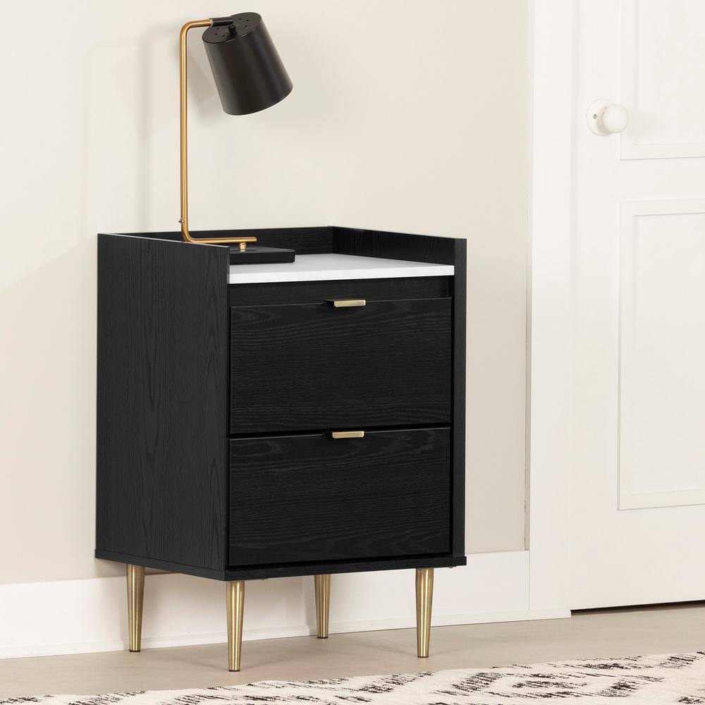 Black Oak and Faux Carrara Marble End Table with Storage