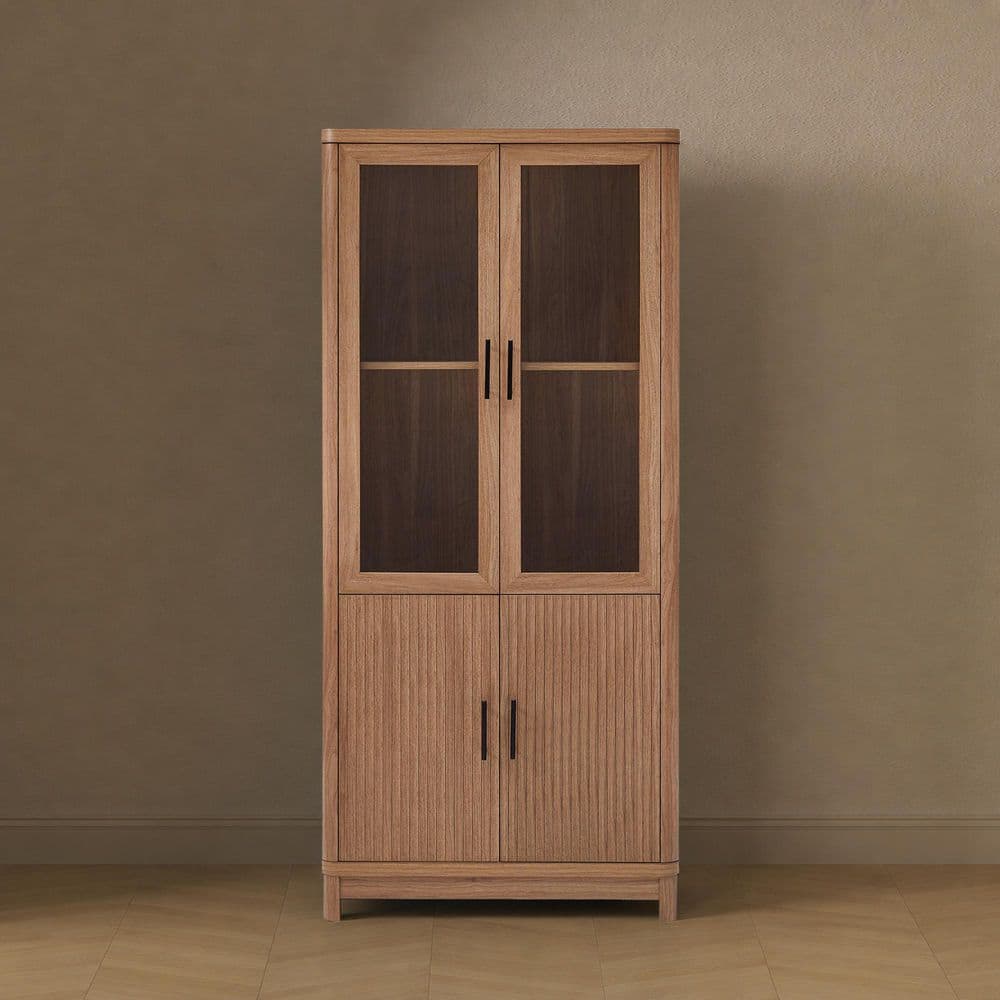 Jodie 67.6 in. Tall Mid-Century Modern Maple Composite Wood 6-Shelf Bookcase with Tempered Glass Doors