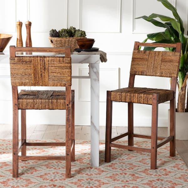 Chabela 39.4 in. H Light Brown Wood and Woven Seagrass Counter Stool
